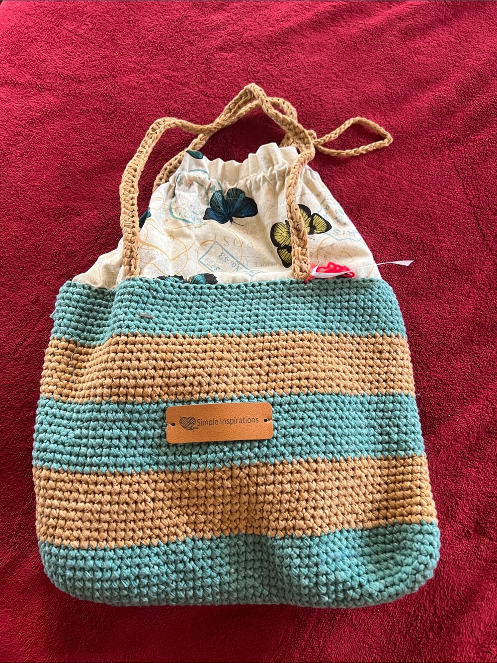 Teal and Tan Crochet Tote Bag